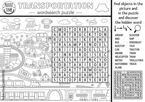 Vector transportation wordsearch black and white puzzle for kids. Simple line word search quiz with city landscape. Educational activity with plane, ship, car, bus, train. Cross word coloring page.