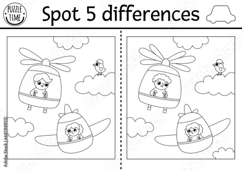 Find differences game for children. Transportation black and white activity with plane, helicopter, pilots flying in the sky. Cute puzzle, coloring page for kids with transport. Printable worksheet.