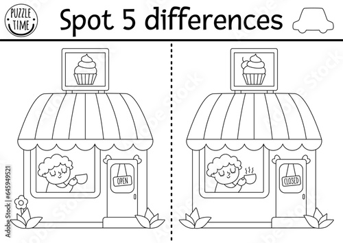 Find differences game for children. Educational black and white activity with cafe with man drinking tea. Cute puzzle for kids with small coffee shop. Printable line worksheet or coloring page.