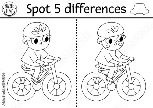 Find differences game for children. Transportation line educational black and white activity with boy riding bike. Cute puzzle for kids with transport. Printable worksheet, coloring page .