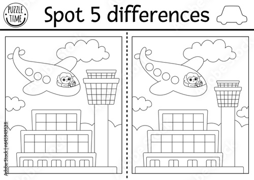 Find differences game for children. Transportation line black and white activity with plane, girl pilot flying in sky to airport. Cute puzzle, coloring page for kid with transport. Printable worksheet