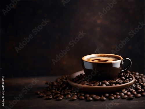Hot coffee with coffee beans on dark rustic background. ai generative