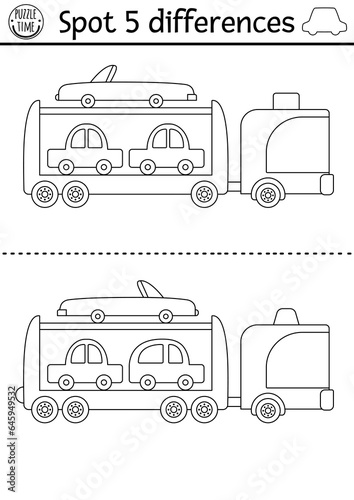 Find differences game for children. Transportation line educational black and white activity with cute car carrier. Cute puzzle for kids with tow truck. Printable worksheet or coloring page .
