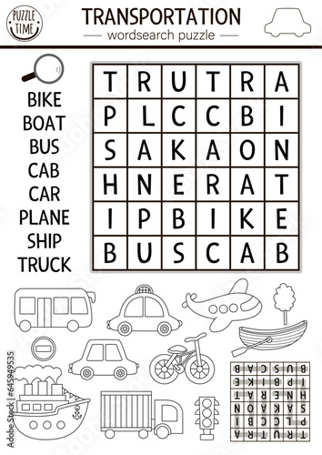 Vector transportation wordsearch black and white puzzle for kids. Simple word search line quiz. Activity with plane, ship, car, bus, boat, bike, truck. Cross word coloring page with city transport