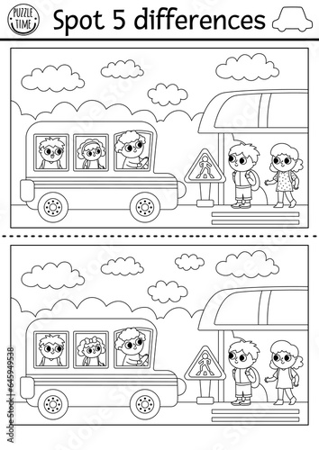 Find differences game for children. Transportation black and white activity with school bus, driver, picking kids on bus stop. Puzzle with transport. Printable worksheet or coloring page.