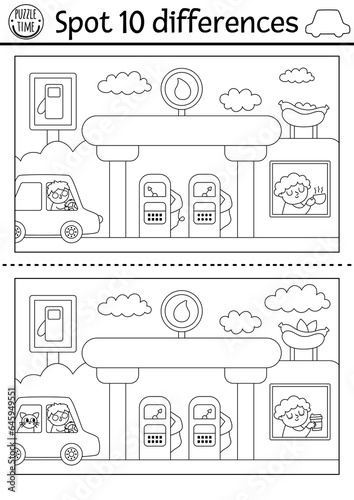 Find differences game for kids. Transportation educational black and white activity with cute car, driver, filling station, cafe. Cute coloring page for kids with transport. Printable worksheet