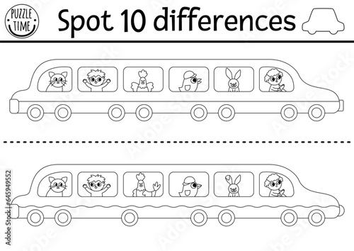 Find differences game for children. Transportation black and white activity with cute limousine, passengers, driver. Coloring page for kids with transport. Printable worksheet with limo.