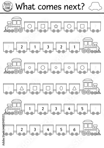 What comes next. Transportation matching black and white activity for kids with train, wagon. Shape, number, size transport logical worksheet or coloring page. Continue row game with engine.