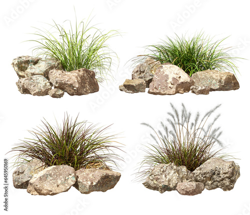 Isolated composition rock and grass meadow layout collection set on transparent backgrounds 3d illustrations png