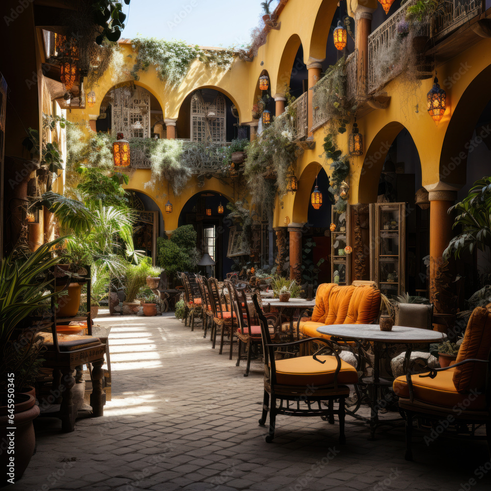 A Moroccan riad courtyard furnished with intricately
