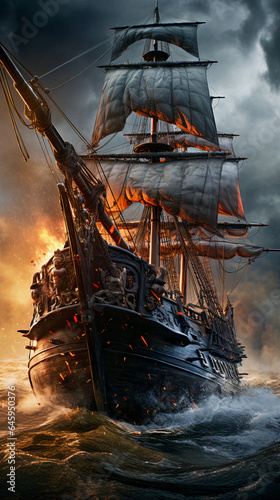 Black pirate ship in the middle of the ocean.