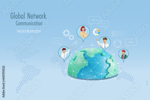 Global business communication network. Business team online meeting with worldwide network connecting technology. Tele communication and business real time wireless technology. Vector.