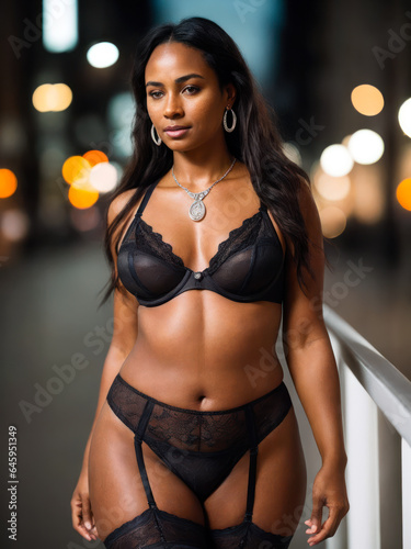 Portrait of Beauty African american submissive mature female model wearing in black lingerie. Concept of body positive