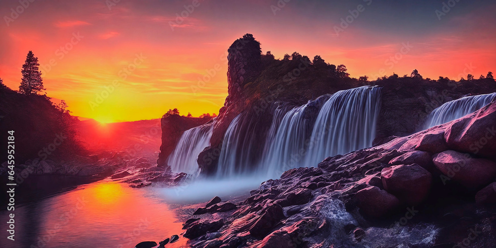 Fantasy landscape with waterfalls, panorama. Generative AI