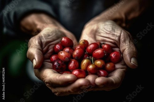 agriculturist hands holding ripe arabica coffee bean