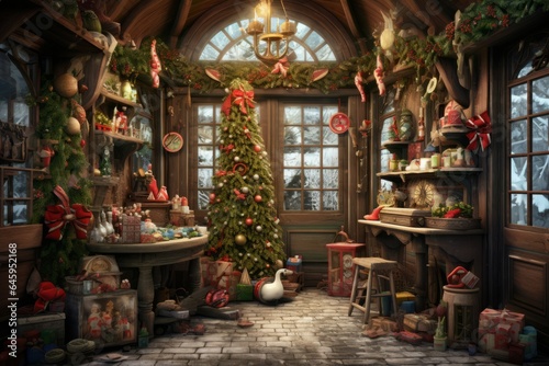 Indoor christmas shop interior shelf. Generate Ai