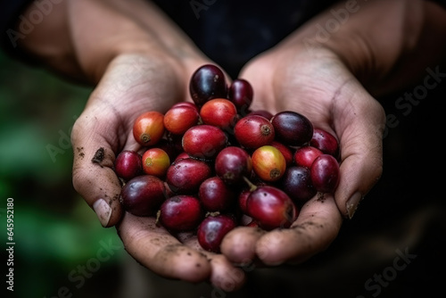 agriculturist hands holding ripe coffee bean