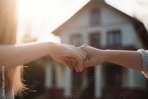 Close Up Two young women hand in hand at new home