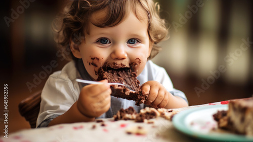 Cute little boy eating chocolate cake at home. Selective focus.