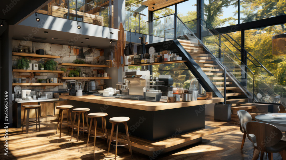 Cozy cafe interior with sofas and tables for quick lunch, angle view, panorama, copy space Cozy cafe interior with sofas and tables for quick lunch, angle view, panorama, copy space