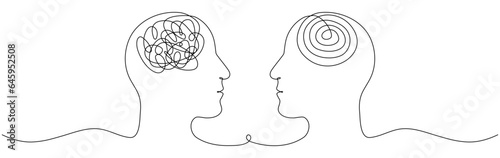Two human heads with chaos and order thoughts continuous line drawn. Mental health therapy concept. Vector illustration isolated on white.