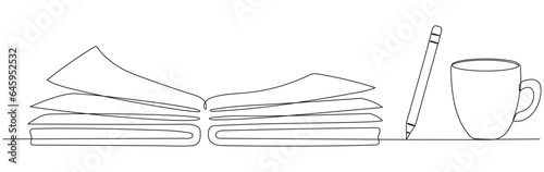 Open book with pencil and cup of coffee continuous one line art drawing. Notebook linear drawn. Vector illustration isolated on white.