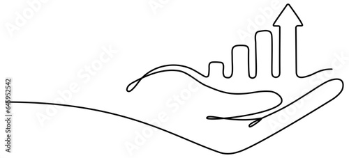 Hand holding arrow with growth graph continuous line drawing. Vector illustration isolated on white.