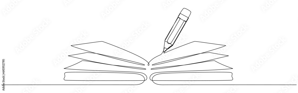 Naklejka premium Open book with pencil continuous one line art drawing. Notebook linear drawn. School education concept. Vector illustration isolated on white.