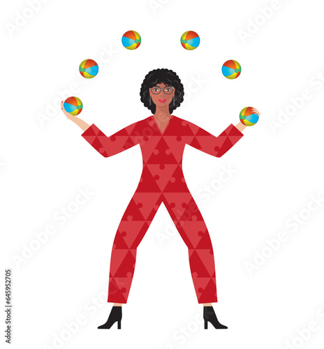 Woman juggling with balls. Multitasking, coordinate. Isolated. Vector illustration.