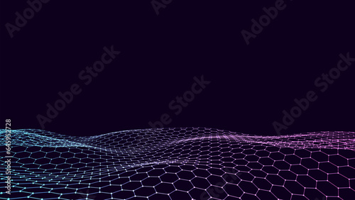 Futuristic vector hexagon wave. Dark cyberspace. Abstract wave with dots and line. White moving particles on background.
