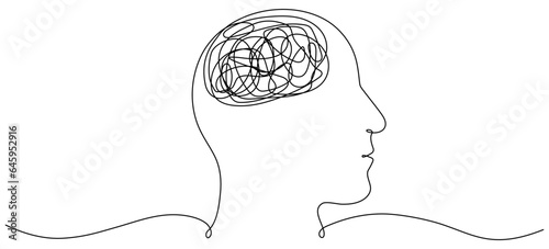 Continuous one line drawing of man head. Male head with confused thoughts. Depressed concept. Bad mental health linear symbol. Vector illustration isolated on white.