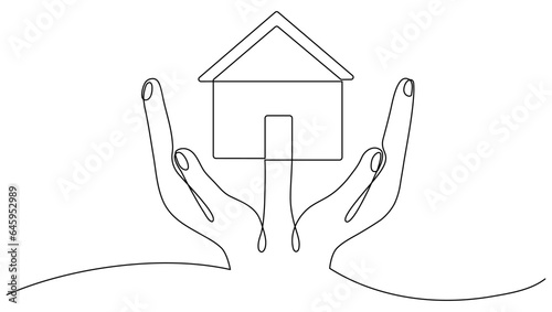 Hands holding house continuous line drawn. Real estate protection concept. Vector illustration isolated on white.