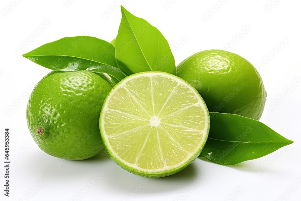 Lime fruit with green leaf and cut in half slices isolated on white background Lime fruit with green leaf and cut in half slices isolated on white background