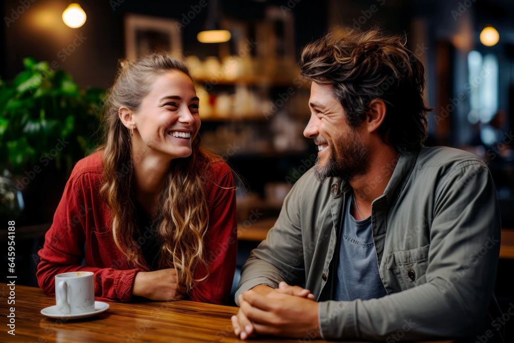 A man and a smiling woman sitting in the cafe