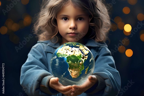 The girl holds an earth globe in her hands as a symbol of hope for the younger generation in whose hands the whole world and care for the environment are in their hands. Generative AI.