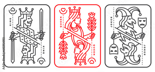 Set of playing card joker, queen, jack. Vector illustration. Esoteric, magic Royal playing joker, queen, jack design collection. Line art minimalist style