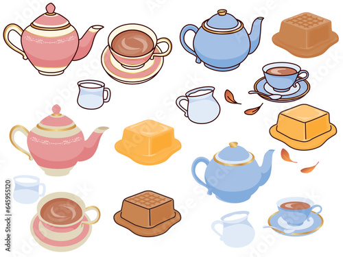 紅茶のイラスト(ミルクティー、バター、キャラメル、ミルク、線画、ティーポット、カフェ) An illustration of tea.Milk tea, butter, caramel, milk, line drawing, teapot and cafe.