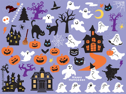 ハロウィンの可愛いイラスト(おばけ、城、魔女、黒猫、パンプキン、イベント) Cute Halloween illustration.Ghosts, castles, witches, black cats, pumpkins and events.