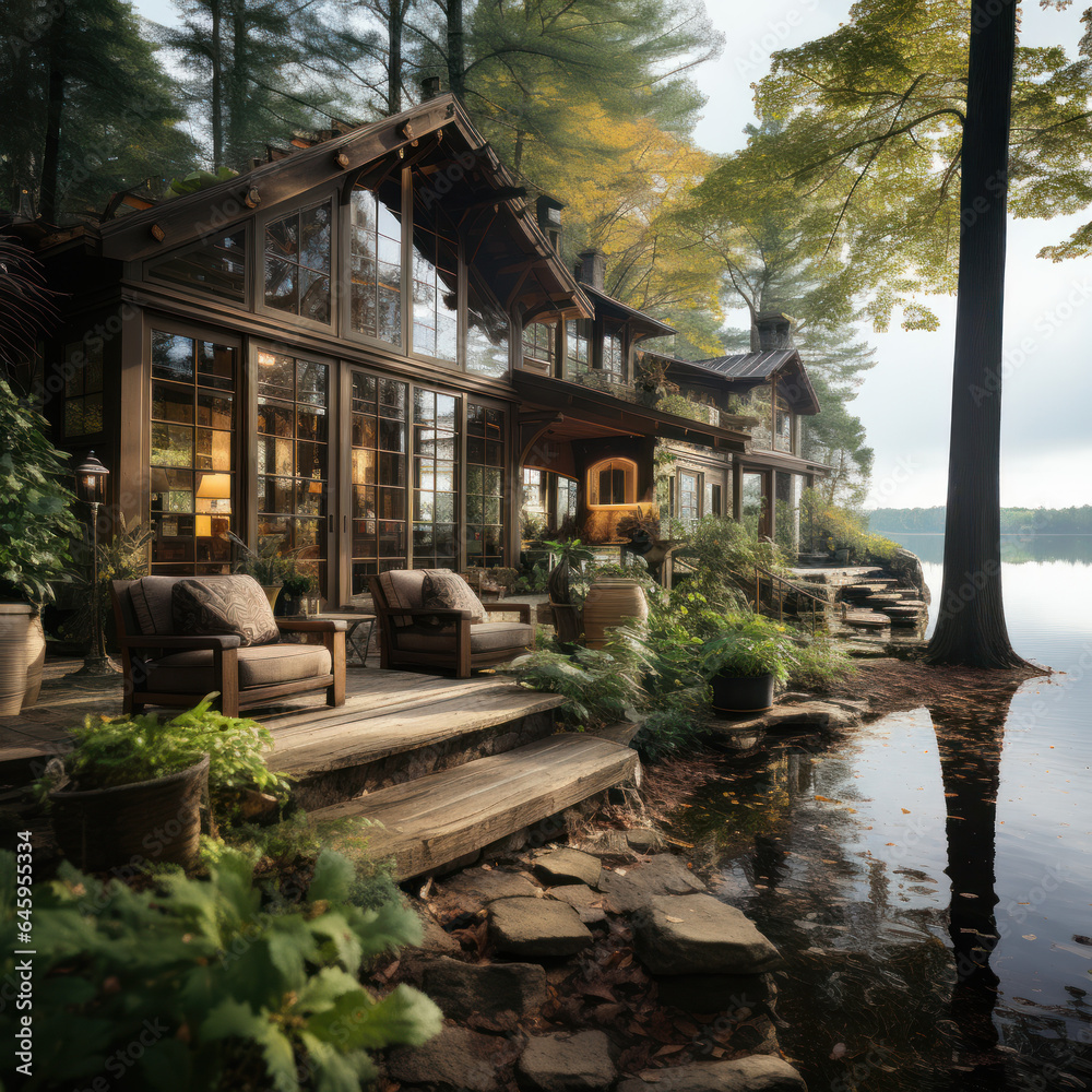 A rustic cabin by a tranquil lake
A rustic cabin by a tranquil lake