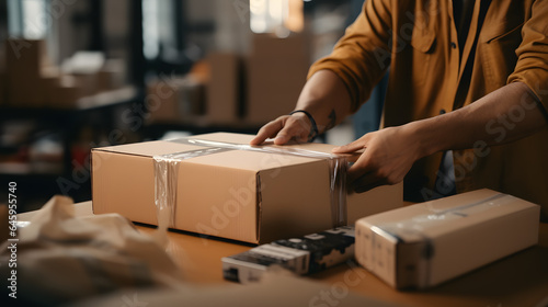 Efficient E-Commerce Fulfillment: Man's Hands Taping Cardboard Box for Shipment © Abzal