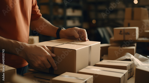 Efficient E-Commerce Fulfillment: Man's Hands Taping Cardboard Box for Shipment
