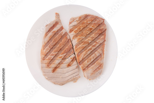 cooked tuna steak on a white plate isolated on transparent background png. Tuna fish steak grilled 