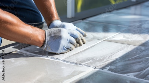 Close-up of master hands installing porcelain or ceramic tiles on the floor