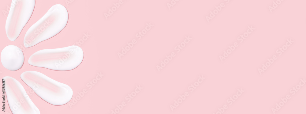 Lots of smears of cosmetic cream. Light, smooth surface. Texture of spreadable cream. Liquid creamy strokes. On a pink background. Cosmetic background, banner. - obrazy, fototapety, plakaty 