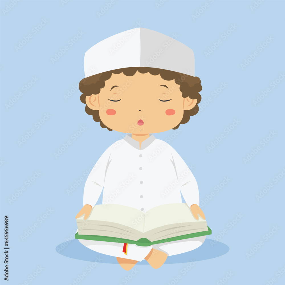 Muslim boy reading Quran character vector. cute Muslim boy in white clothes with eyes closed, holding Quran. Muslim boy reading Quran character vector. cute Muslim boy in white clothes with eyes closed, holding Quran.