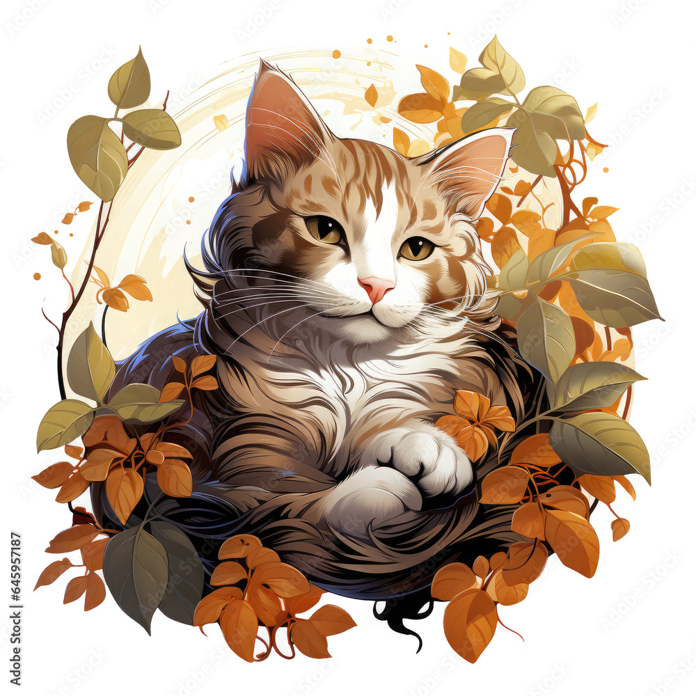 Fototapeta premium A serene coffee cat t-shirt design capturing a cat nestled in a coffee plant's embrace, surrounded by coffee blossoms and serene morning light, Generative Ai