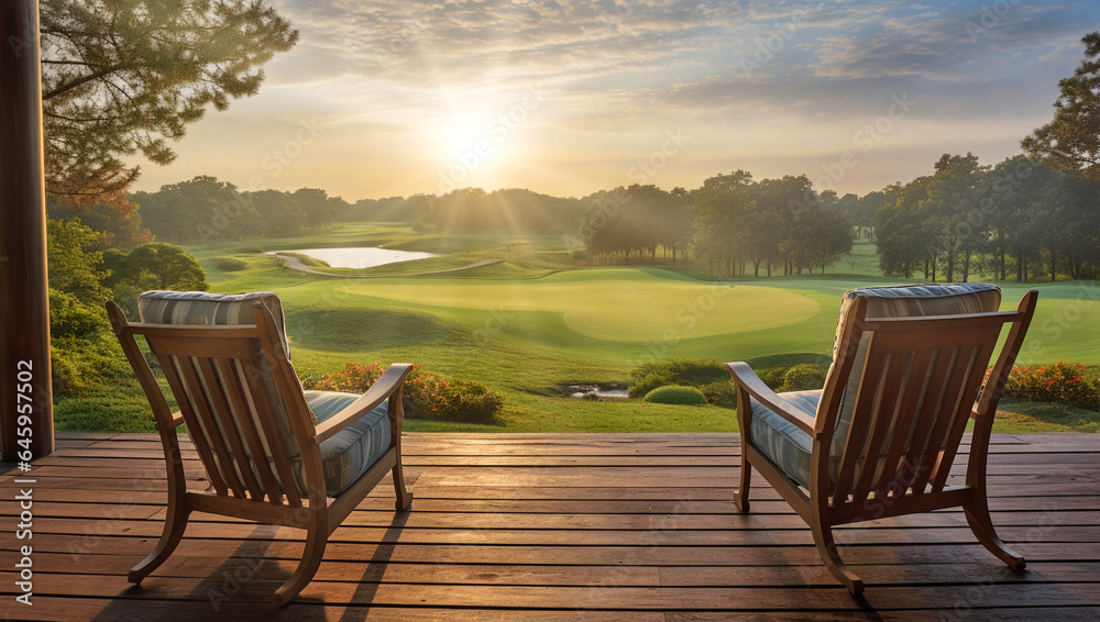 wooden veranda at a resort with two armchairs and tranquil sunrise view over the golf course - obrazy, fototapety, plakaty 