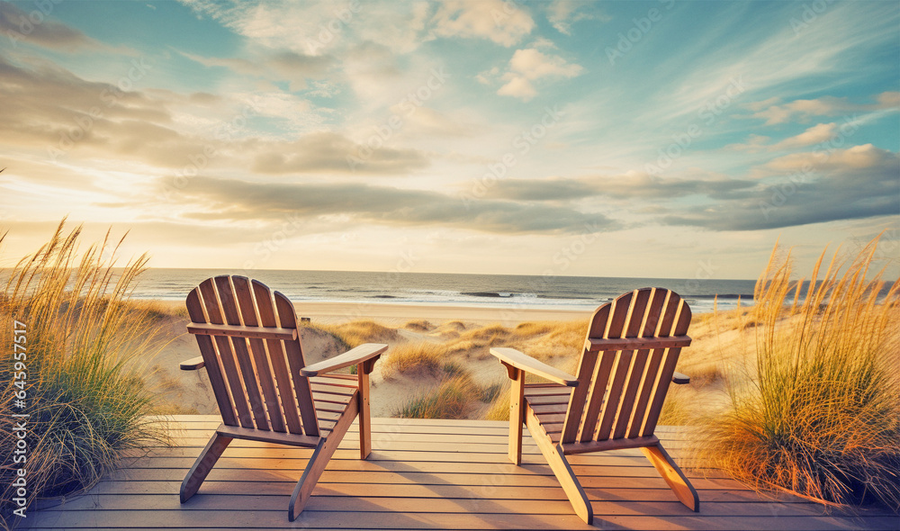 wooden veranda with two armchairs and tranquil sunrise view over sand dunes and sea