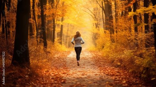 Forest run path in the autumn. An autumn trail runner woman is seen running against a background of lush foliage in the woods. Asian sportswoman exercising outdoors, happy.