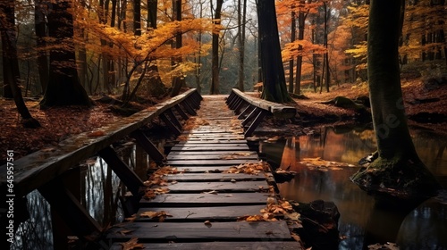 Natural scenery in the fall. colors of autumn in the forest. Autumn scene with a wooden bridge crossing a stream in a dense forest. © Suleyman